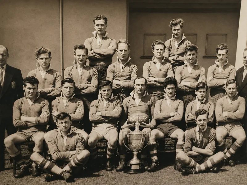 A sepia team photograph of a rugby squad in hooped jerseys posed in three rows around a large silver trophy, with a match ball marked 1966-7
