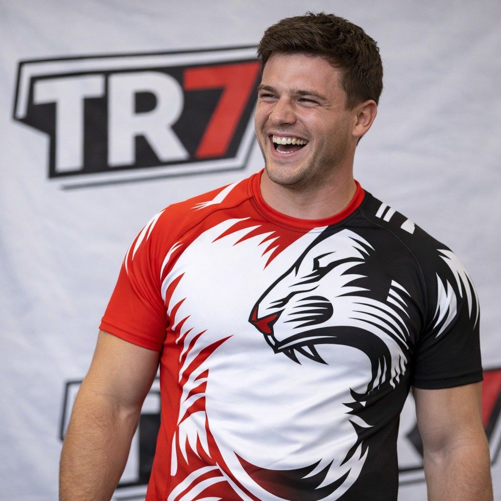 TR7 rugby player in the iconic red, black and white kit featuring the lion design