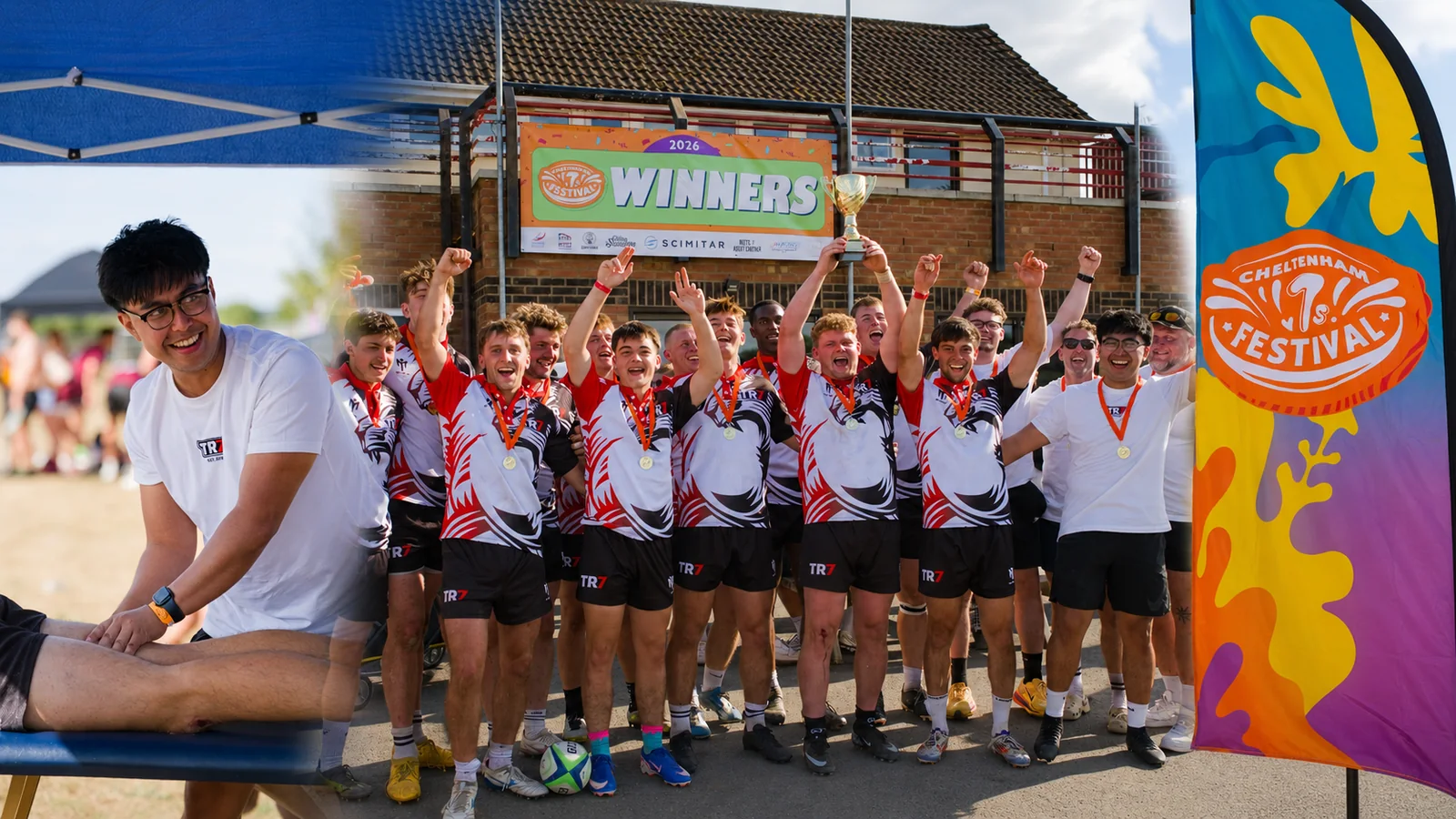 The TR7 squad celebrating with the trophy and medals beneath the Cheltenham 7s Festival 2026 winners board