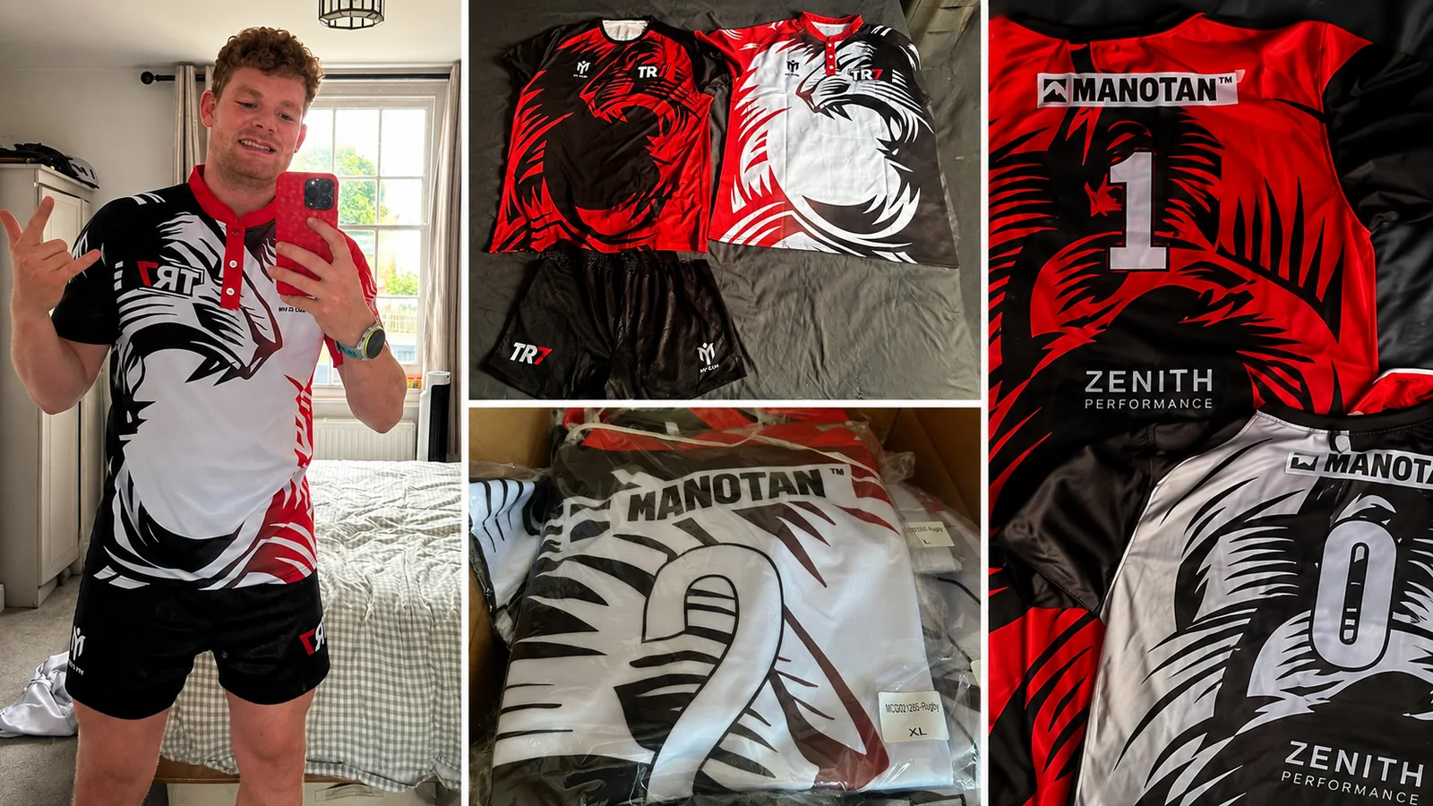 The TR7 kit on arrival — a player in the home shirt and shorts, folded shirts still bagged, and detail shots of the MANOTAN and Zenith Performance branding with squad numbers