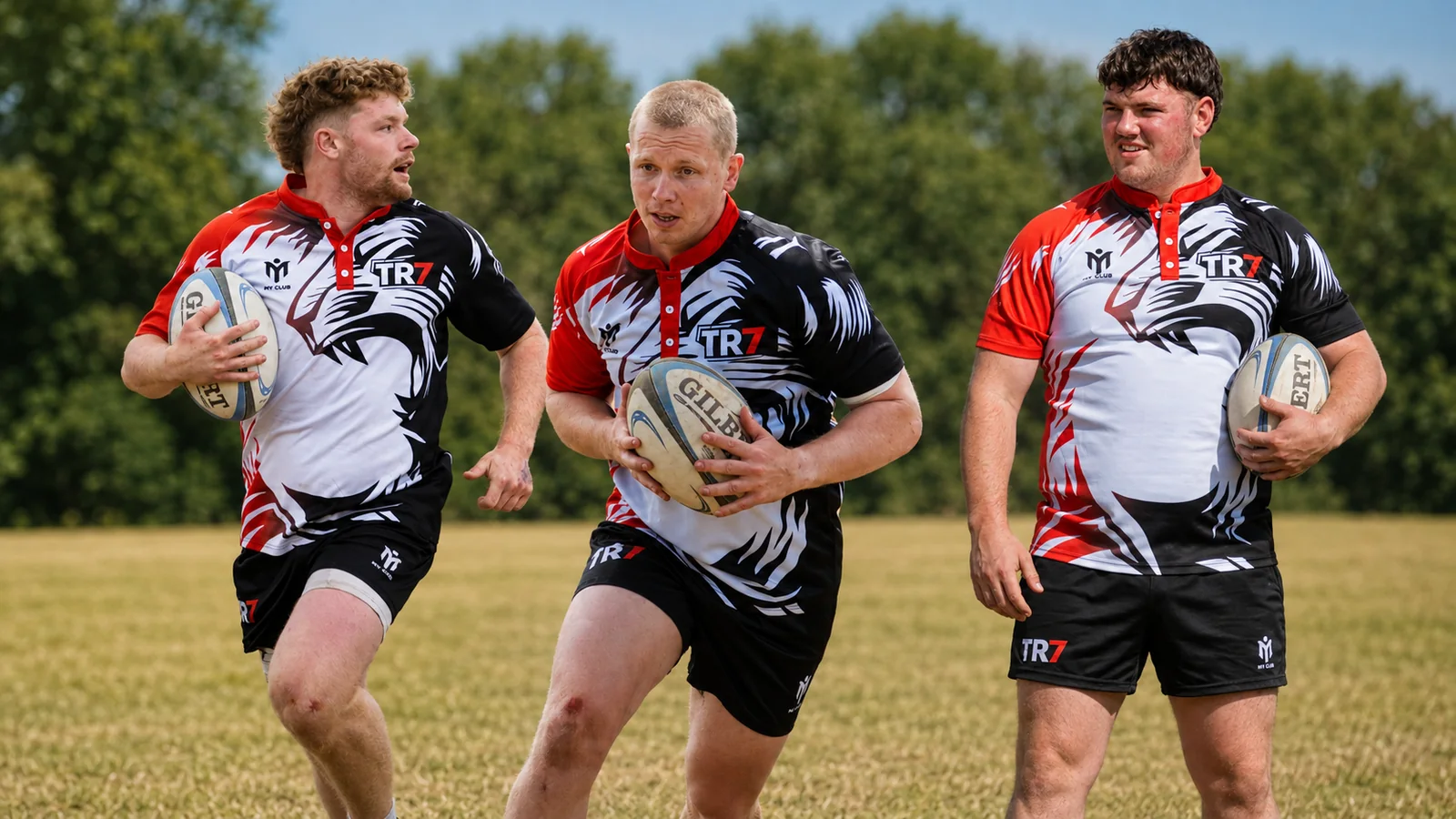 Three TR7 players in the home shirt carrying rugby balls on a sunlit pitch